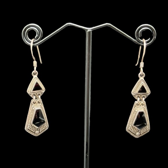 925 BOMA Sterling Silver Earrings Dangle Drops Black Onyx Vintage Estate 6.9g - Picture 2 of 12